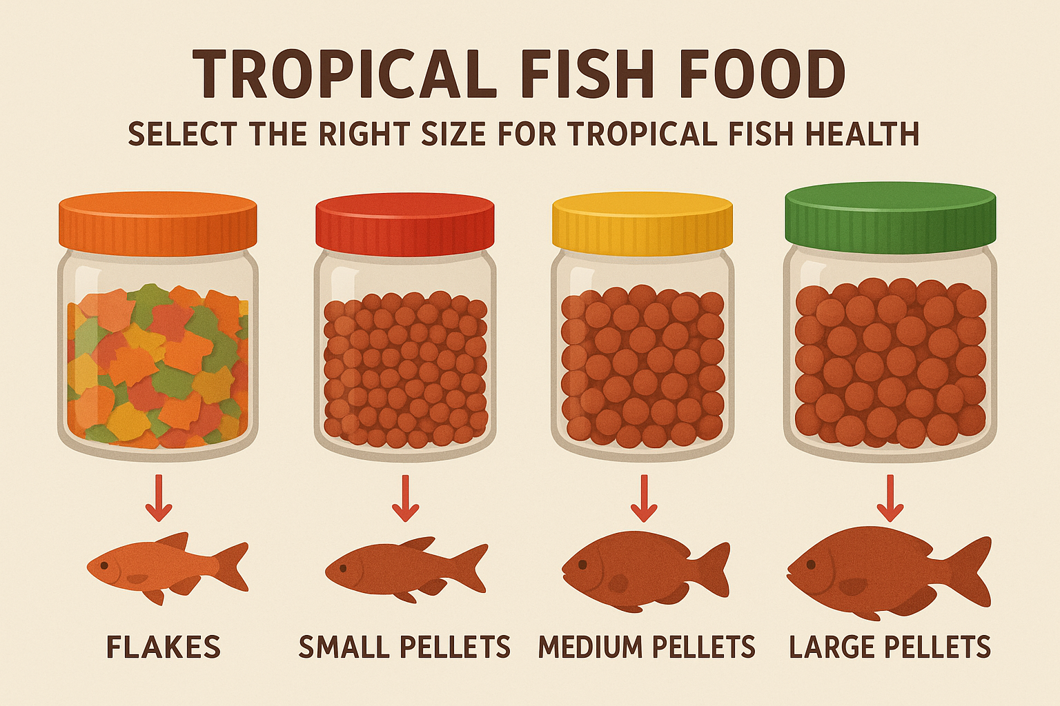 다양한 크기의 열대어와 그에 맞는 여러 크기의 어항 사료가 나란히 배치된 일러스트. 각 열대어 옆에는 알맞은 크기의 먹이가 화살표로 연결되어 있어, 어종별로 적합한 먹이 크기를 선택하는 방법을 안내하는 모습.