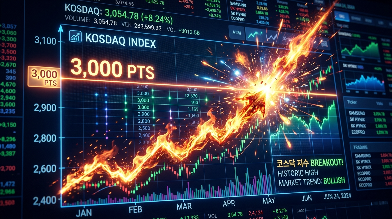 코스닥 지수판이 1,000을 넘어 3,000을 향해 불기둥을 뿜으며 솟구치는 화려한 그래픽