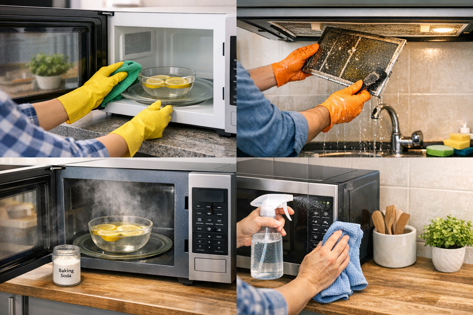 전자레인지를 정기적으로 관리하며 청소하는 모습
