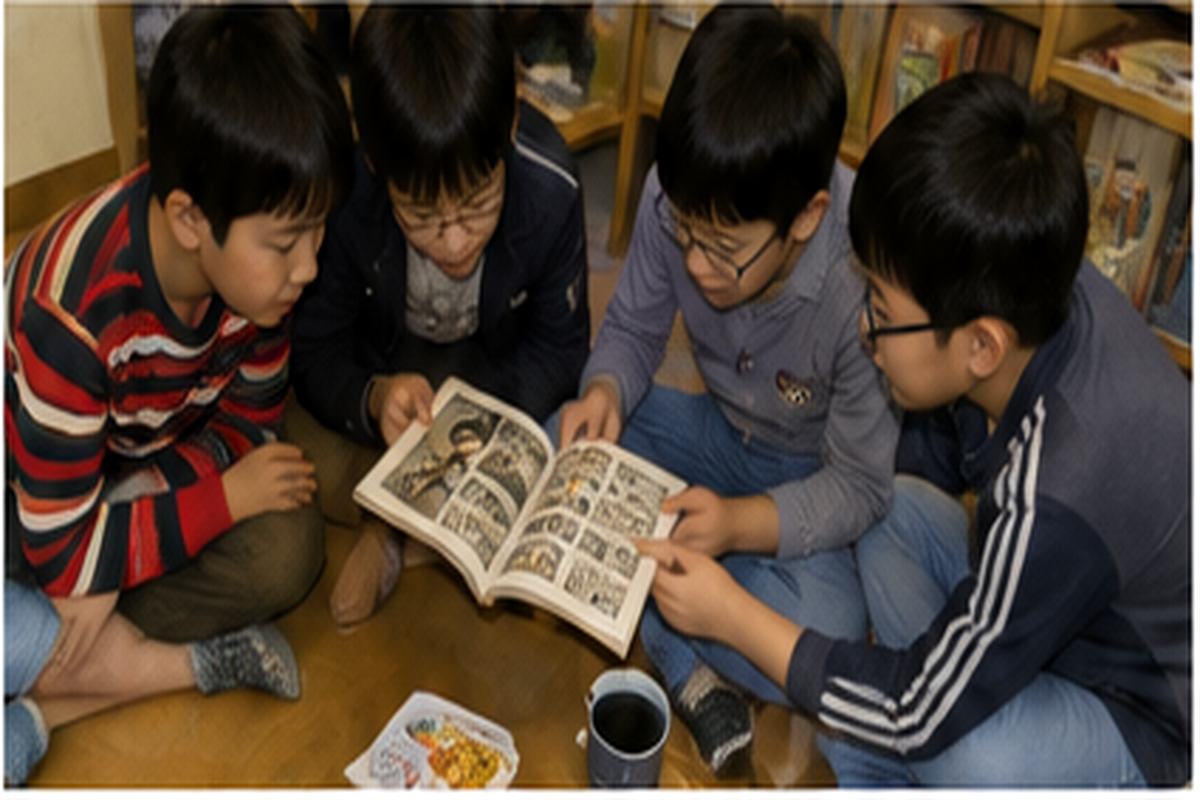 여러 친구가 방바닥에 모여 펼쳐진 만화책 한 권을 함께 보는 모습