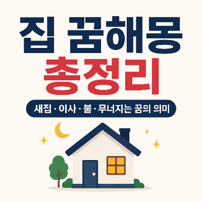 집 꿈해몽 총정리 썸네일. 심플한 일러스트의 흰색 단독주택과 달, 별 아이콘이 배치되어 있으며, 새집 꿈, 이사하는 꿈, 집에 불나는 꿈, 집이 무너지는 꿈의 의미를 소개하는 2026년 최신 집 꿈해몽 콘텐츠를 표현한 1:1 비율 대표 이미지.