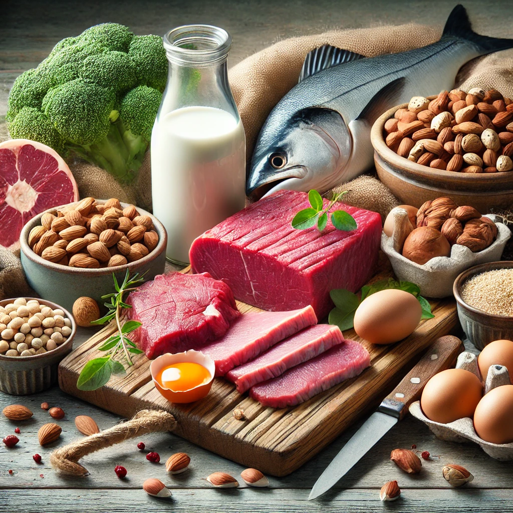 "무 도마 위에 붉은 고기, 생선, 견과류, 달걀 등 아르기닌이 풍부한 식품들이 정갈하게 배열된 모습"