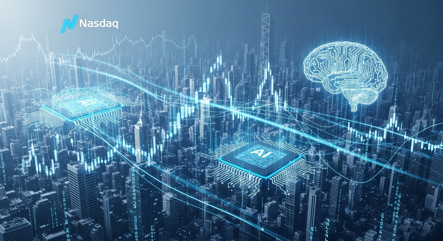 2026년 나스닥 시장 전망을 보여주는 미래지향적인 이미지. AI 회로와 반도체 칩이 도시 전경에 통합되어 있으며, 기술 혁신과 성장을 상징하는 푸른색과 회색 톤이 두드러진다.