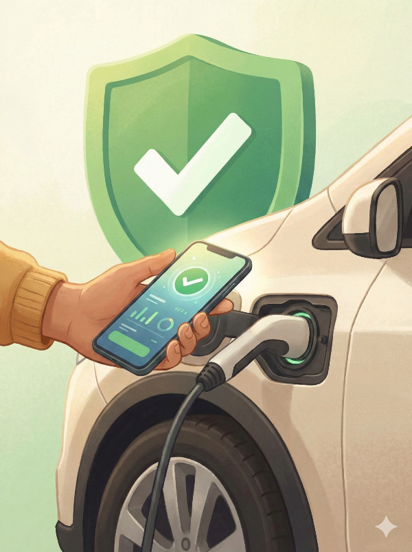 전기차 충전구에 충전 케이블이 연결된 상태에서, 사용자가 스마트폰을 가까이 대고 배터리 상태를 확인하는 일러스트. 스마트폰 화면의 체크 표시와 배경에 떠 있는 커다란 초록색 체크무늬 방패 아이콘이 어우러져, 전기차 충전 및 정보 확인의 안전성을 강조하고 있습니다.