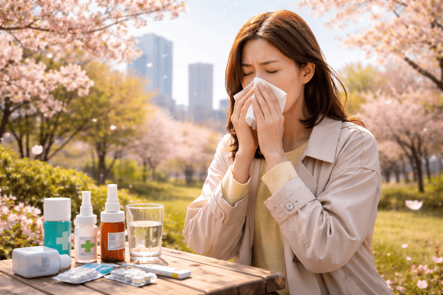 벚꽃이 핀 봄날 한국 공원에서 휴지로 코를 막고 재채기를 하는 여성과 비염 스프레이와 항히스타민 약이 놓인 모습, 알레르기 비염 초기 증상과 치료를 표현한 장면