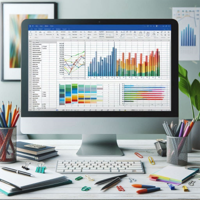 사무실 책상에 여러 대의 컴퓨터가 놓여 있으며 각 화면에 분석 그래프와 차트가 있음.