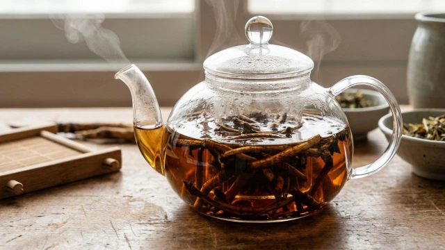 볶은 민들레 뿌리를 약탕기에 달이는 민들레 뿌리차 완성 과정