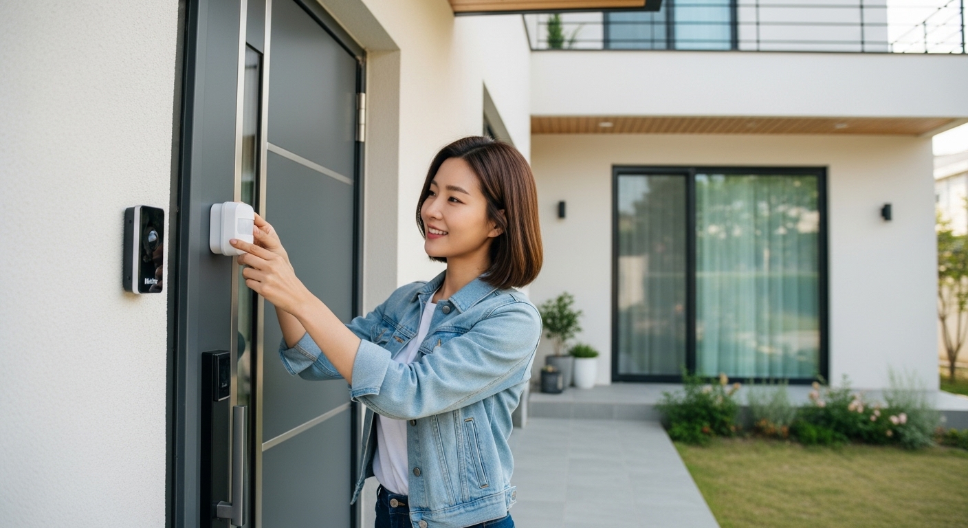 현관에 센서를 설치하고 있는 한국 여성