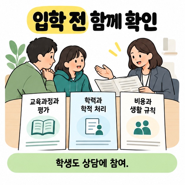 학생과 보호자가 상담 교사와 안내문을 살펴보며 교육과정과 평가, 학력과 학적 처리, 비용과 생활 규칙을 함께 확인하는 그림