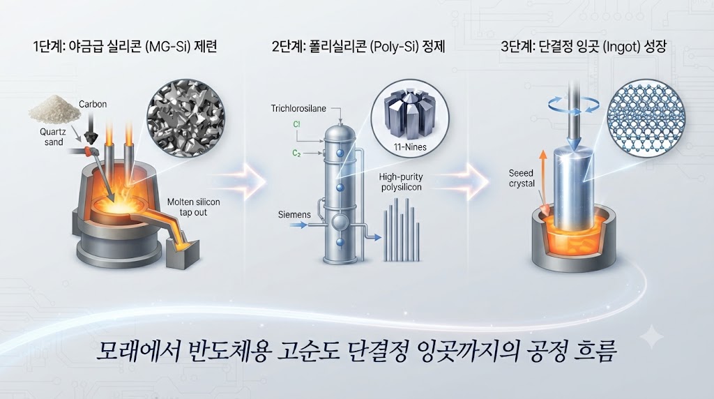불순물 98%의 규석이 어떻게 '11-나인(99.999999999%)'의 초고순도 폴리실리콘으로 정제되고, 다시 거대한 단결정 실리콘 기둥인 '잉곳'으로 성장하는지 핵심 공정을 따라가 봅니다.