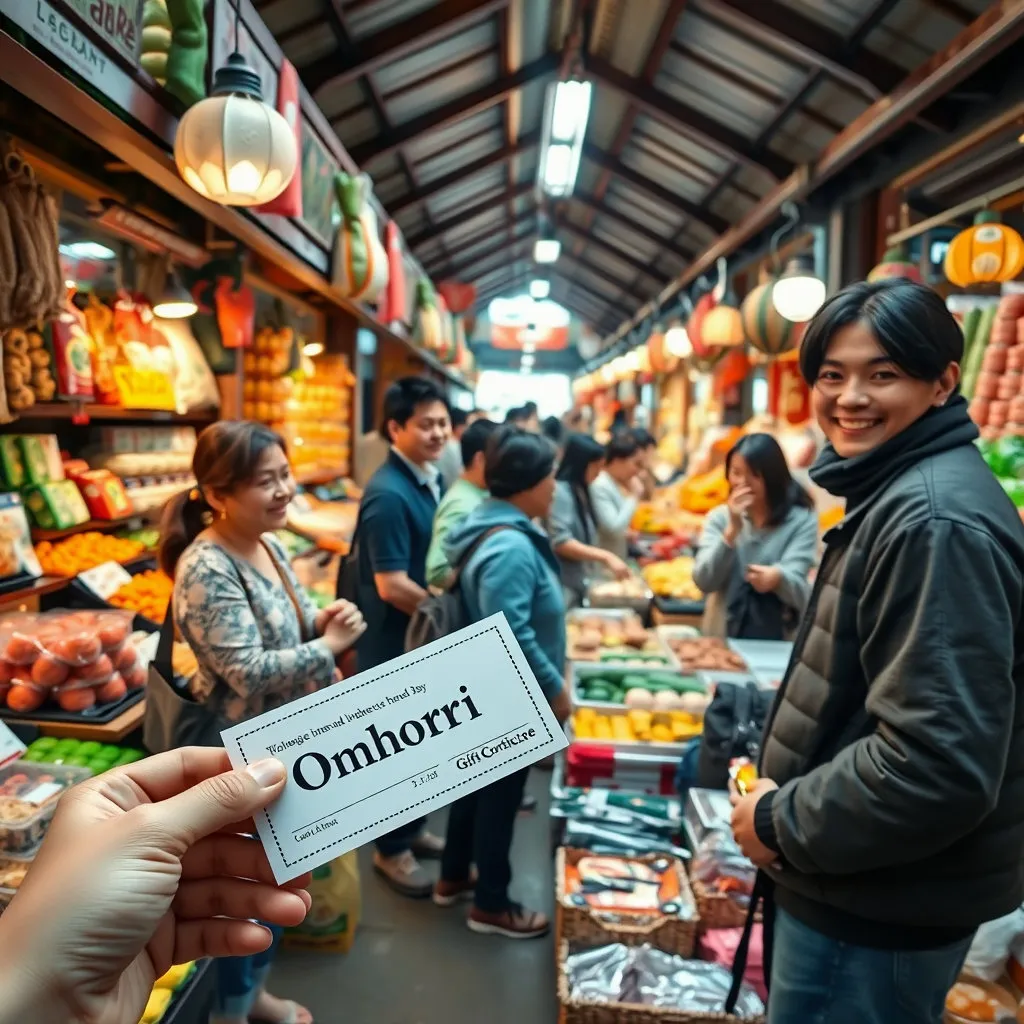 활기 넘치는 전통 시장에서 사람들이 다양한 상품을 구경하고 구매하는 모습입니다. 상인이 손님에게 친절하게 물건을 건네주는 장면이나, 온누리상품권처럼 보이는 쿠폰으로 결제하는 손의 모습을 담아 생동감 있게 표현합니다.