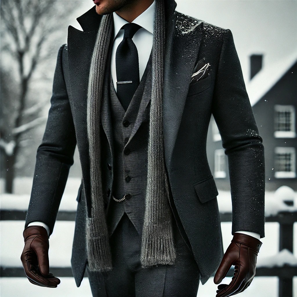 겨울을 배경으로 세련된 맞춤형 정장. 계절에 딱 맞는 세련되고 우아한 룩, 테일러드 수트