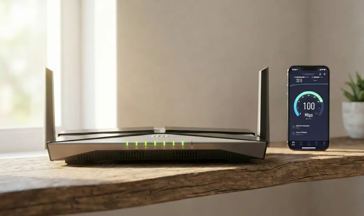 와이파이 공유기와 스마트폰으로 인터넷 속도를 테스트하는 모습