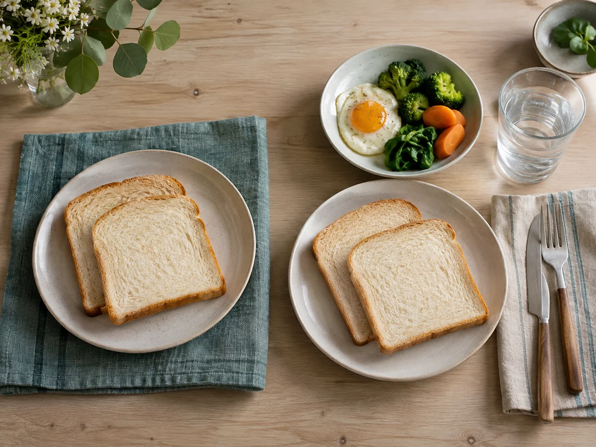 빵만 놓인 접시와 달걀&middot;채소를 곁들인 아침 식탁의 비교