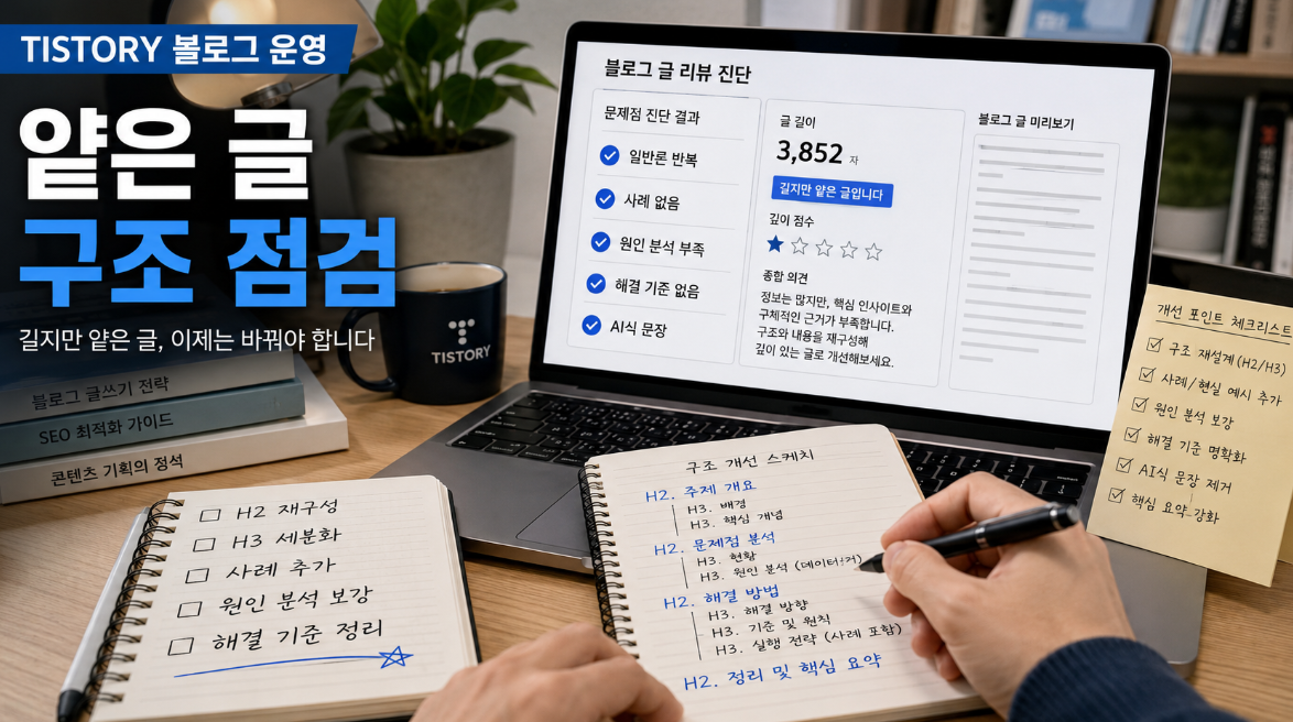 티스토리 블로그에서 일반론 반복과 사례 부족으로 정보성 글이 얕아 보이는 문제 상황 이미지