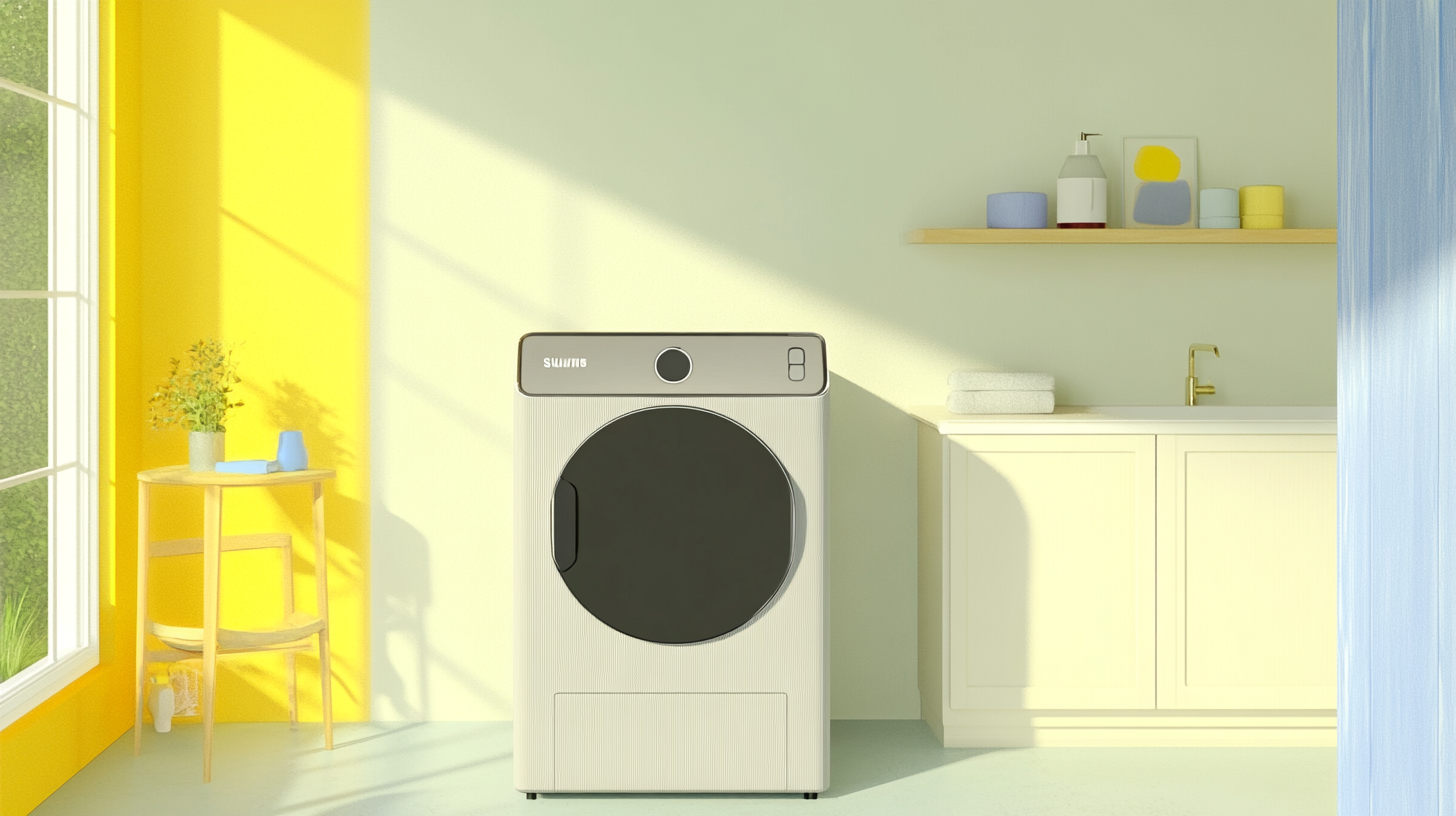 삼성 BESPOKE AI 세탁기 WD25DB8690BE가 베이지 그레이 마감으로 미니멀한 세탁실에 배치된 모습. 현대적이고 세련된 디자인이 돋보임.