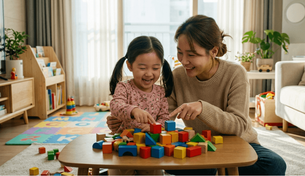 만3~5세 수개념_엄마와 아이가 블록놀이를 하며 수개념을 익히는 모습