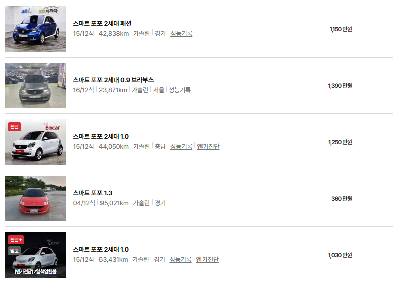 스마트 포포 중고차 가격 시세표 연비