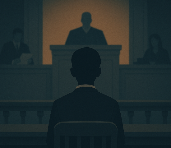 피고인석에 앉아 있는 교복 차림의 소년 실루엣과 재판장의 어두운 법정, 판결을 기다리는 무거운 분위기의 장면