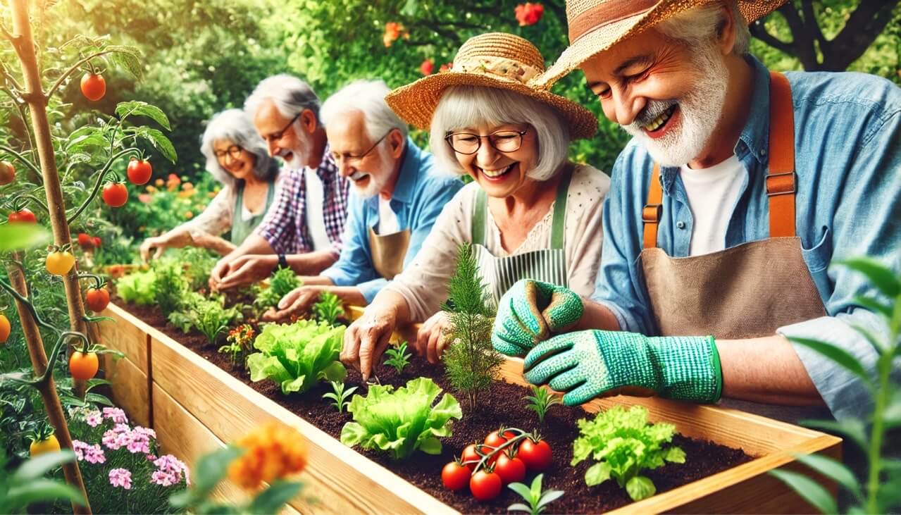 노인들이 미니텃밭에서 여유롭게 농사짓는 모습