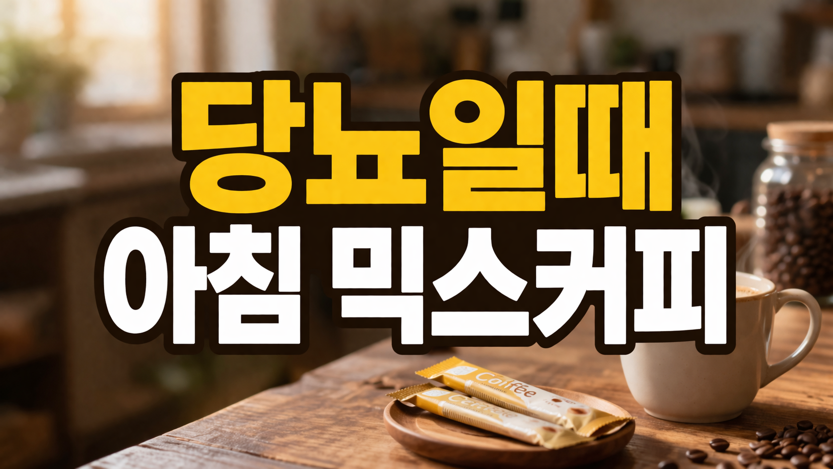 따뜻한 주방 배경 위에 믹스커피 스틱과 커피잔이 놓여 있고, 중앙에 ‘당뇨일때 아침 믹스커피’라는 큰 문구가 들어간 썸네일 이미지