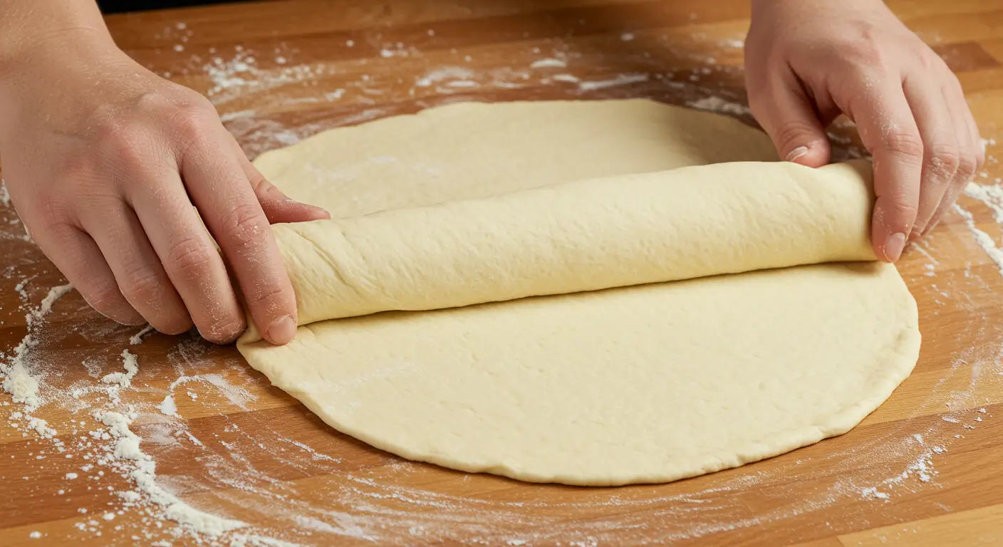 우유식빵 반죽을 밀대로 밀어 3겹 접기 후 말아주는 성형 과정