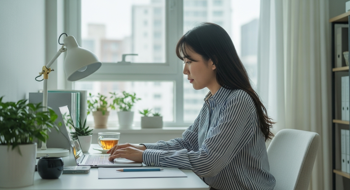 집에서 편안하게 노트북으로 콘텐츠 작성이나 영상 편집 작업을 하는 한국 고등학교 졸업생 여성. 유연한 재택 근무 환경을 보여주는 모습.