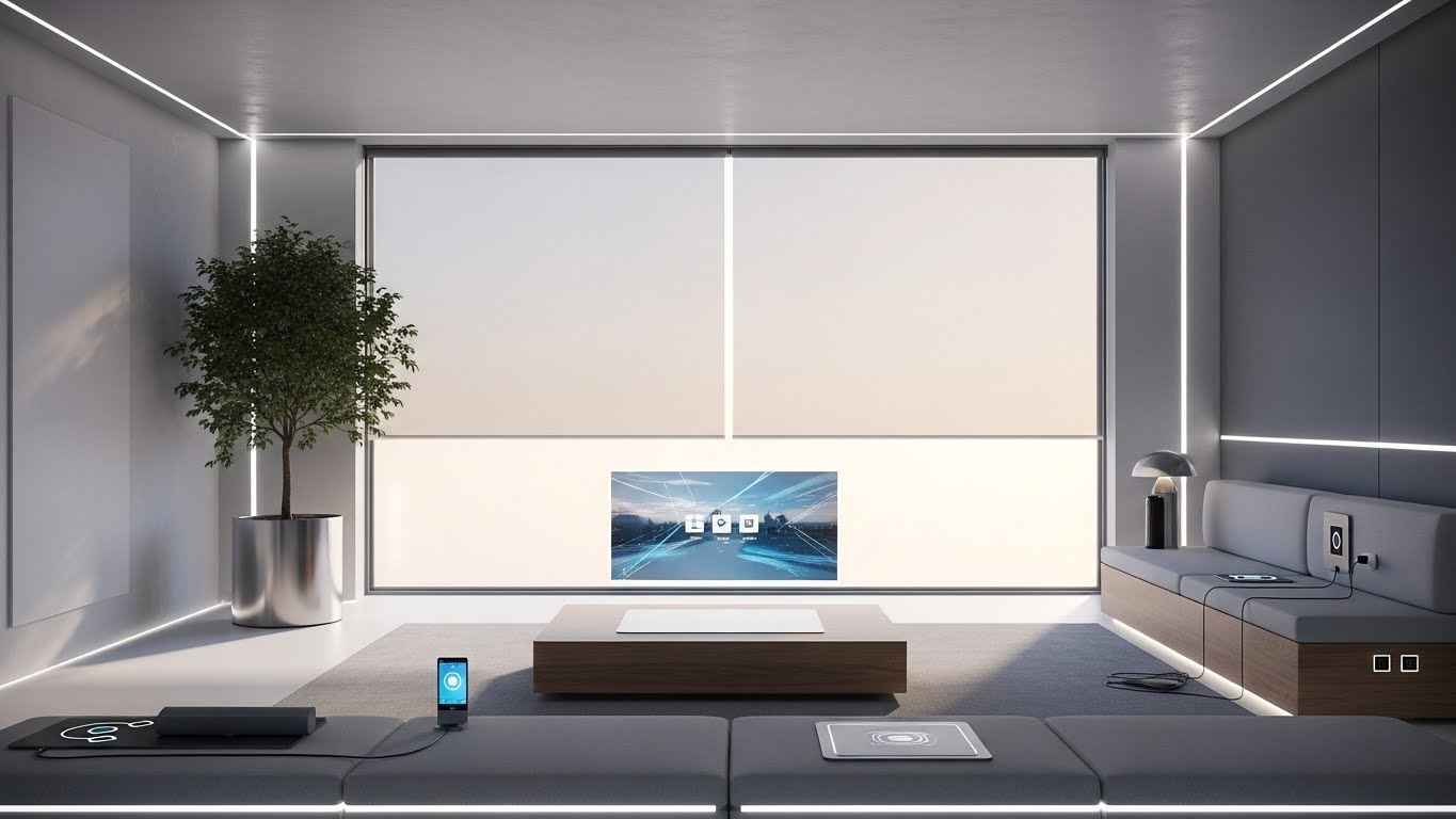 스마트 윈도우와 친환경 요소가 통합된 미래 지향적인 거실