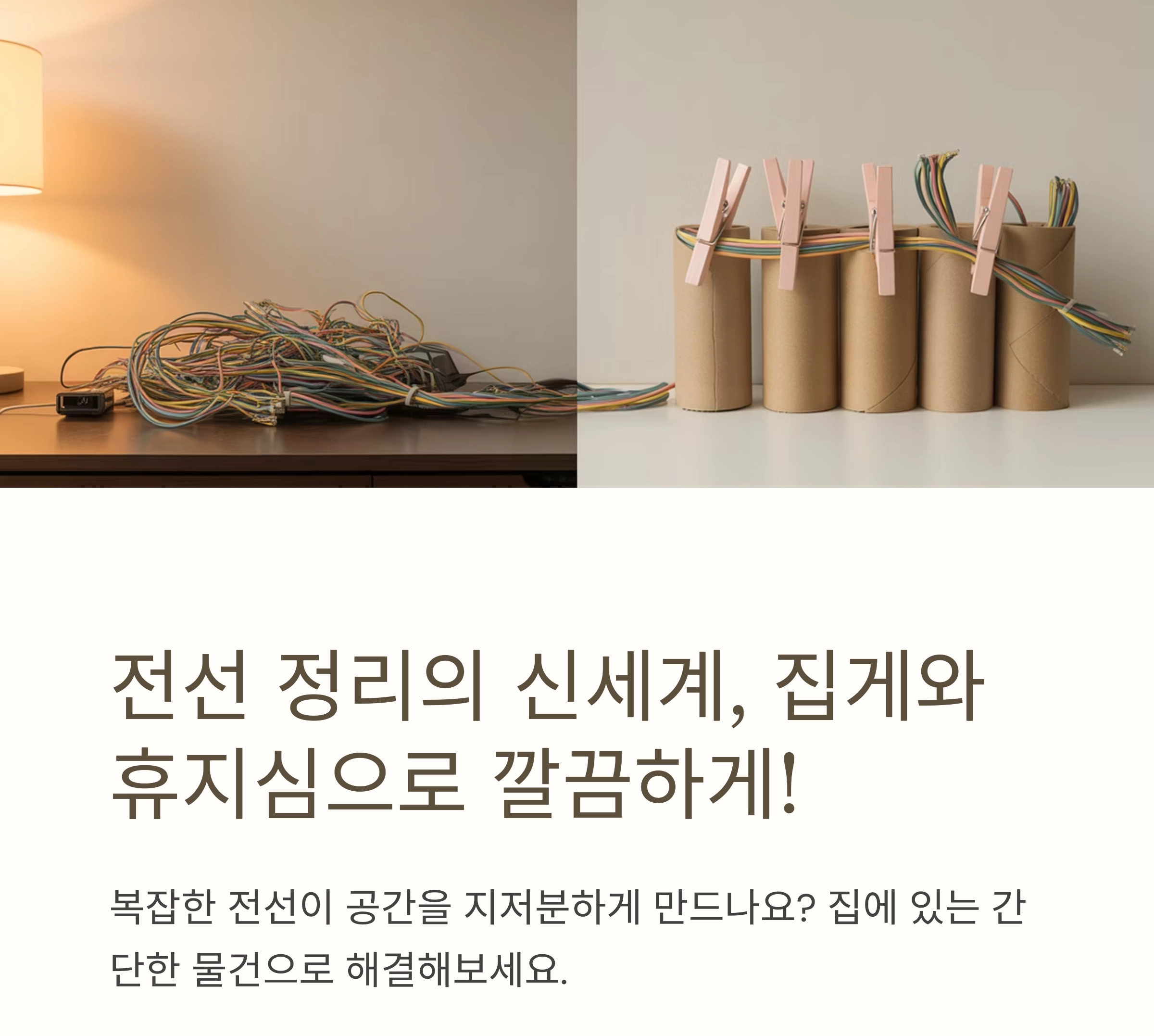 전선 정리의 신세계, 집게와 휴지심으로 깔끔하게 해결!