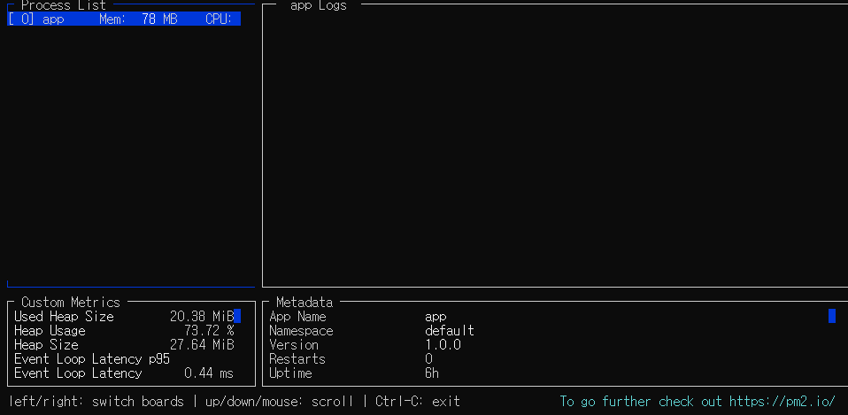 pm2 monit 실행 화면