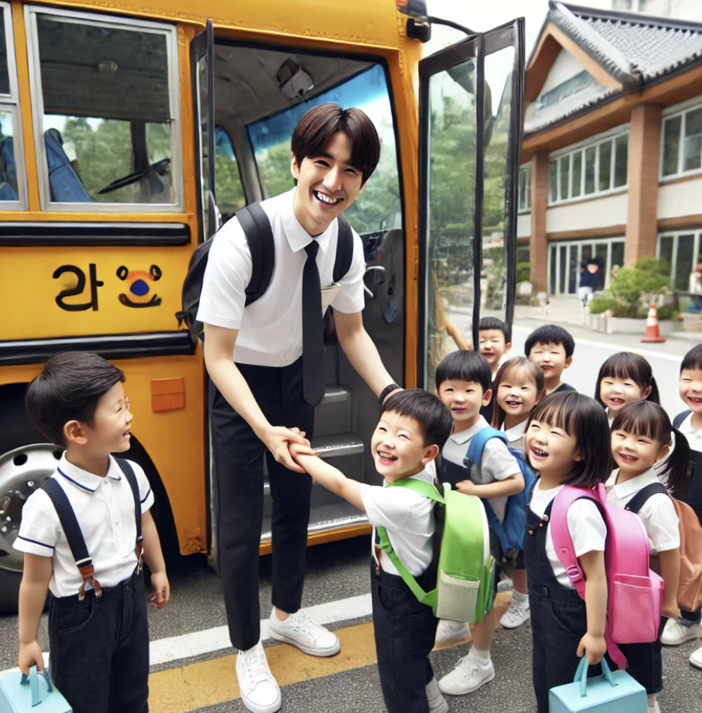 유치원에서 어린이들이 스쿨버스에 탑승하는 것을 돕는 통학버스 기사