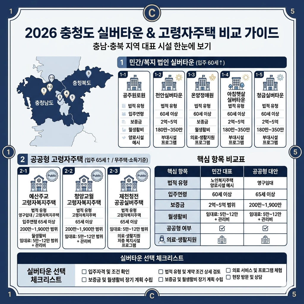 충청도 실버타운 충남&middot;충북 대표 시설, 공공형 대안, 입주조건과 비용 확인법 인포그래픽