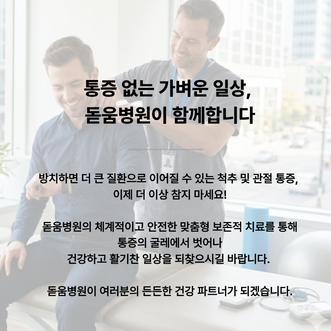 웃고 있는 물리치료사와 환자가 함께 있는 밝은 분위기의 실제 사진. 이미지 텍스트: "통증 없는 가벼운 일상, 돋움병원이 함께합니다. 방치하면 더 큰 질환으로 이어질 수 있는 척추 및 관절 통증, 이제 더 이상 참지 마세요! 돋움병원의 체계적이고 안전한 맞춤형 보존적 치료를 통해 통증의 굴레에서 벗어나 건강하고 활기찬 일상을 되찾으시길 바랍니다. 돋움병원이 여러분의 든든한 건강 파트너가 되겠습니다."