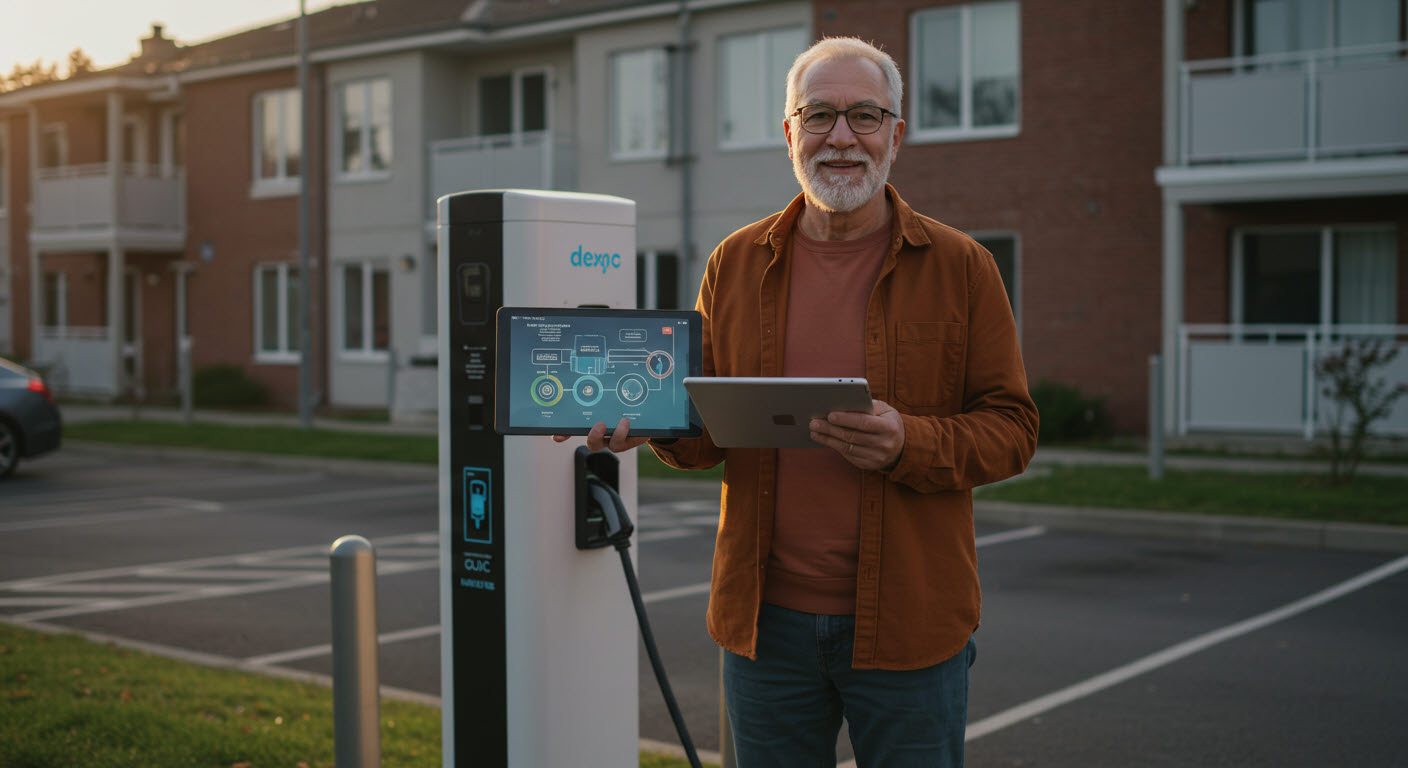 한노인이 전기차충전기에서 pad로 전기차충전이 시설이 잘되는지확인하는 모습