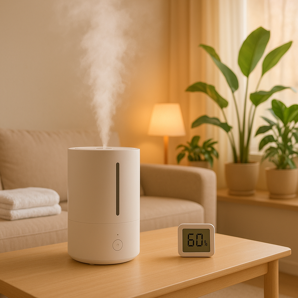 깔끔하고 모던한 거실 인테리어에서 스마트 가습기가 작동하고 있는 모습