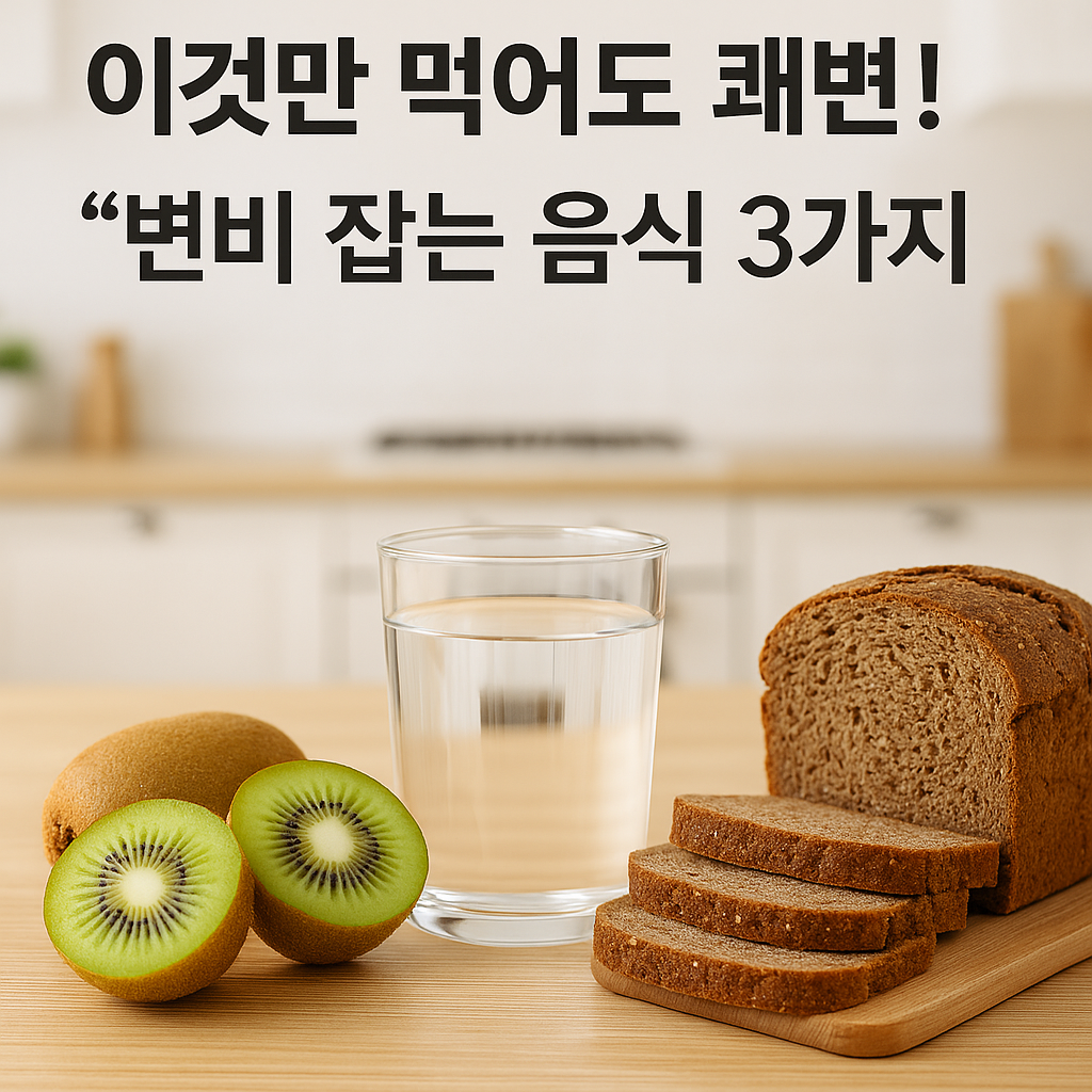 “변비 완화에 좋은 음식 – 키위, 미네랄워터, 호밀빵 이미지”
