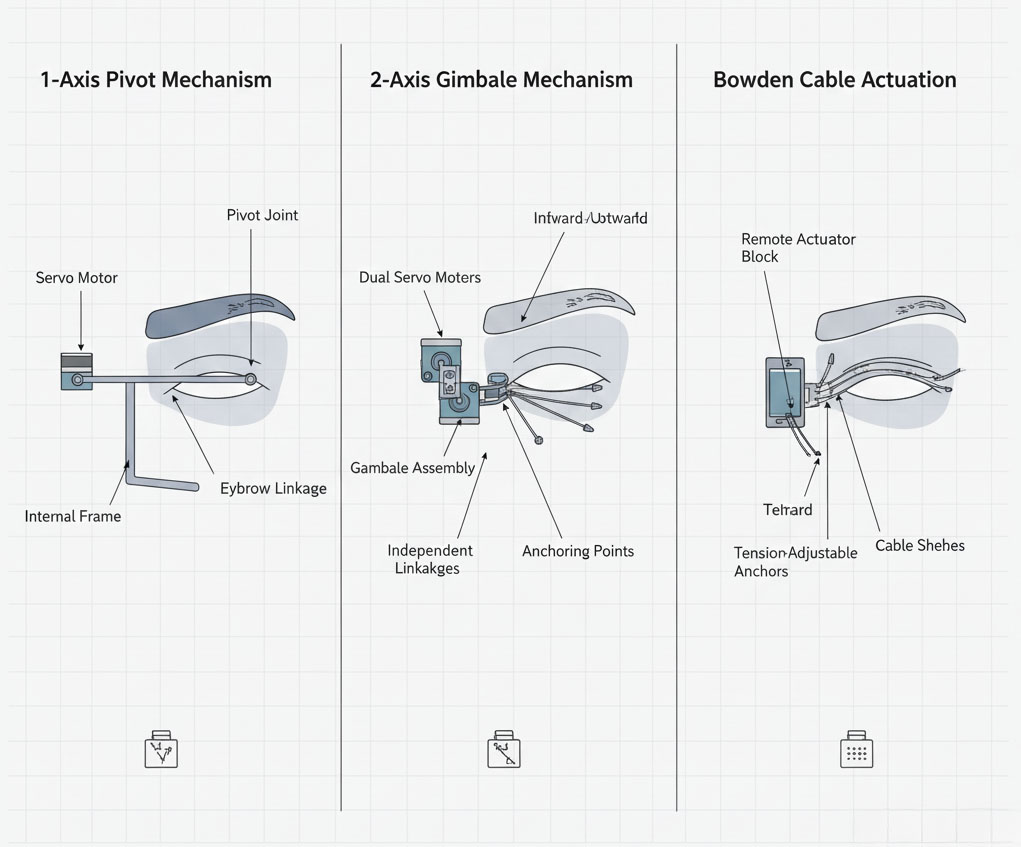 휴머노이드 얼굴 눈썹 움직임 시스템: 1축·2축·Bowden Cable 비교와 텐션 100~300g 설계 기준