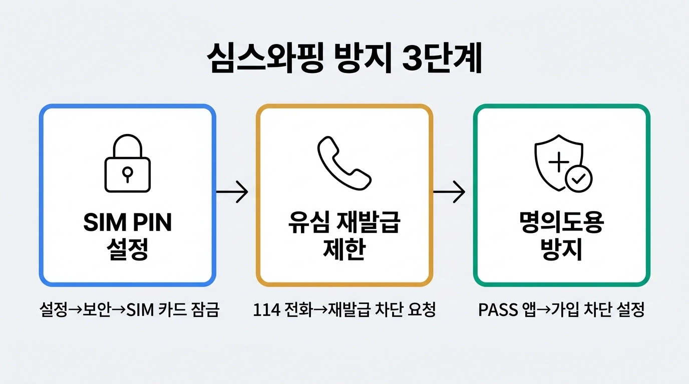 심스와핑 방지 SIM PIN 유심 재발급 제한 명의도용 방지 3단계 설정 인포그래픽