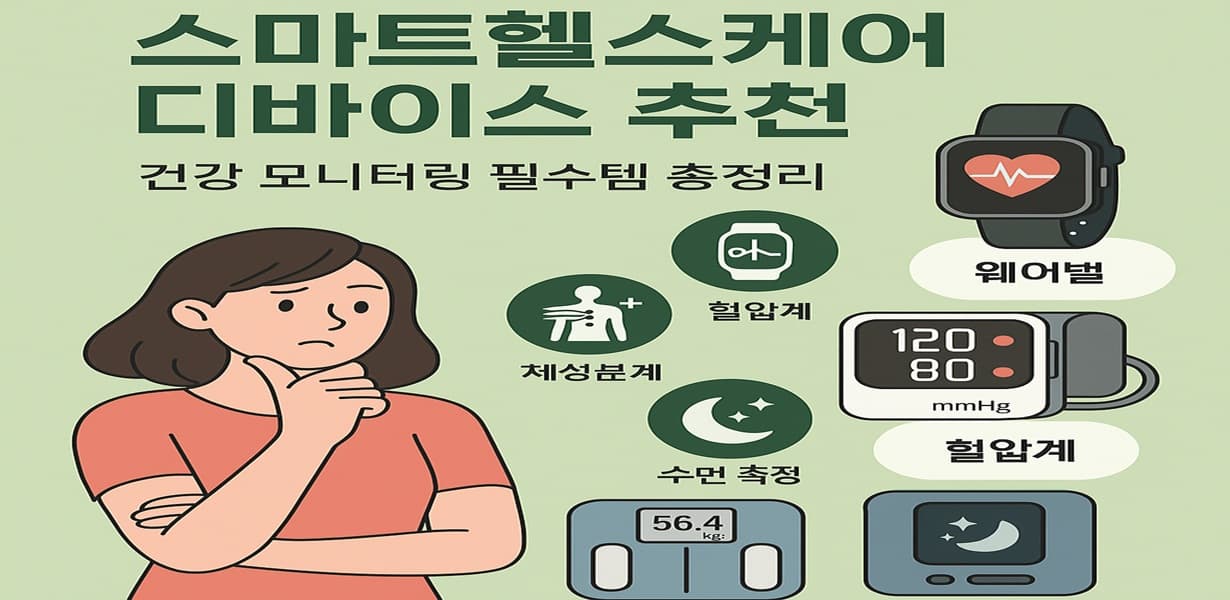 스마트워치, 혈압계, 체성분 측정기, 수면 측정기와 함께 건강을 고민하는 여성이 등장하는 헬스케어 디바이스 인포그래픽