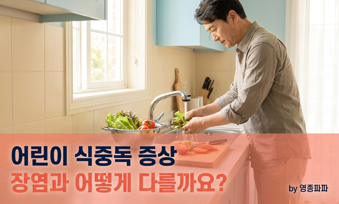 부엌에서 채소를 씻는 아빠