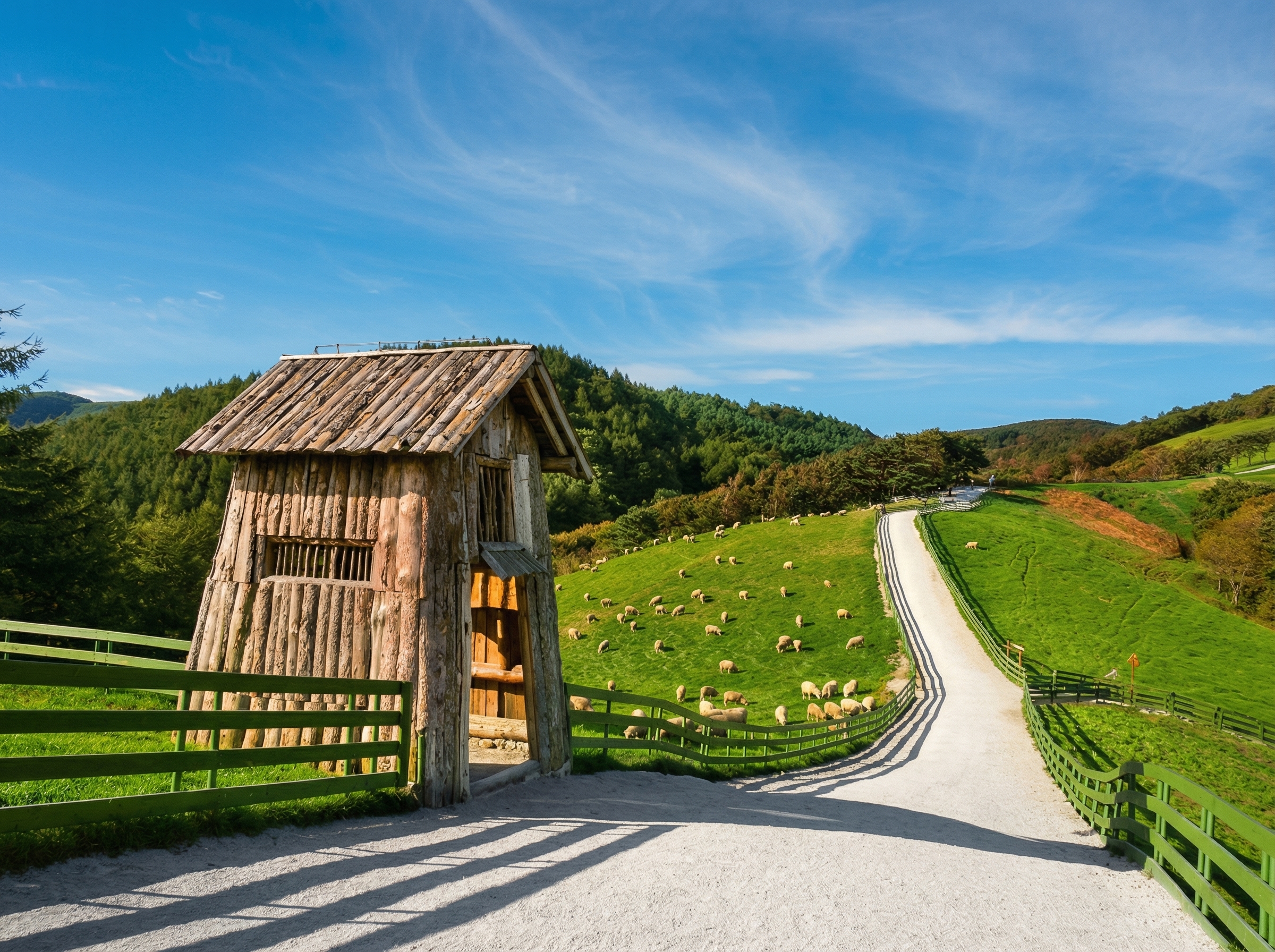 평창 삼양목장 산책로. 주변에 양들이 풀을 뜯고 있다.