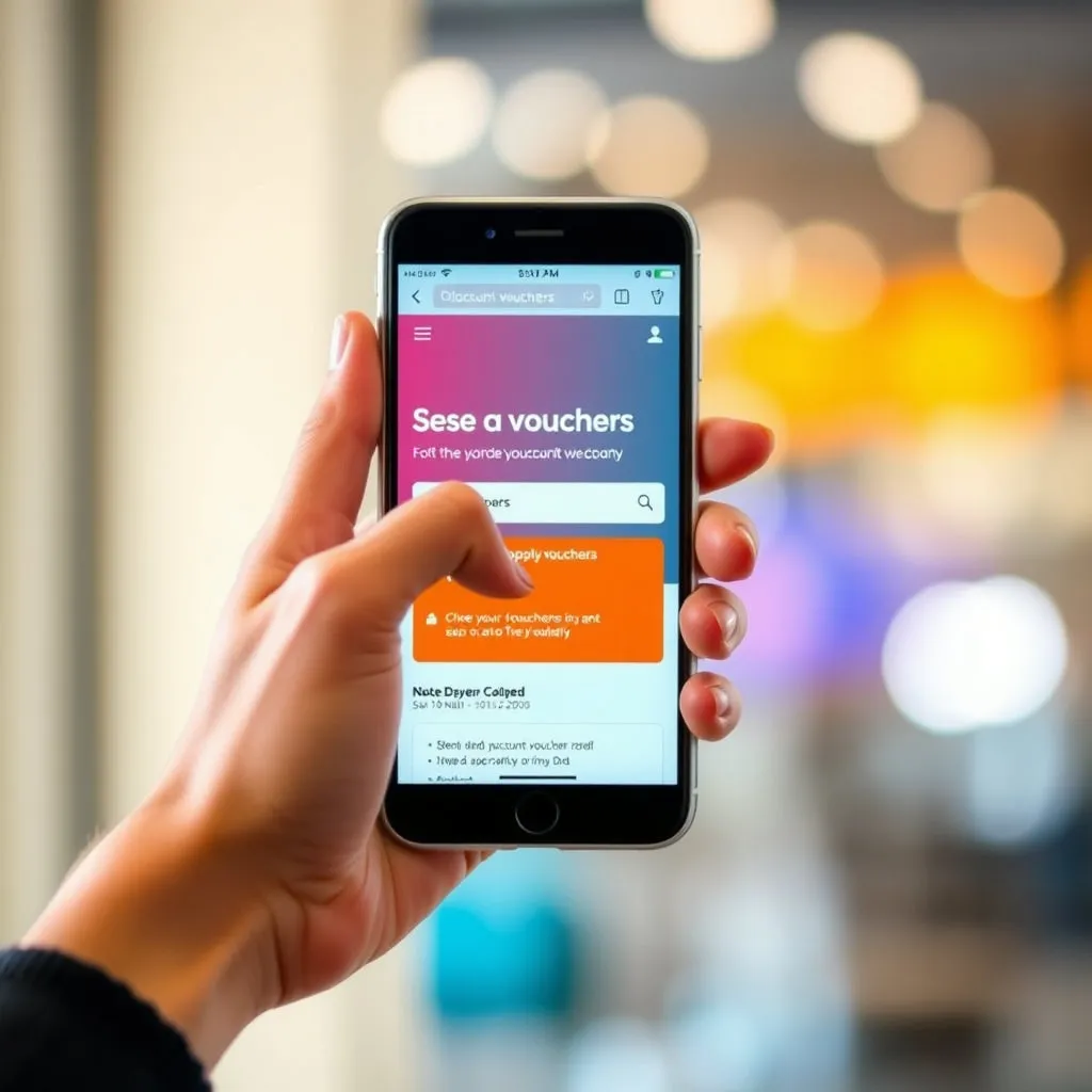 한 손에 스마트폰을 들고 있는 모습인데, 스마트폰 화면에는 할인권 발급 웹페이지나 앱 화면이 선명하게 보입니다. 다른 손으로는 화면을 터치하는 제스처를 취하며 쉽고 빠르게 진행되는 온라인 발급 과정을 나타냅니다.