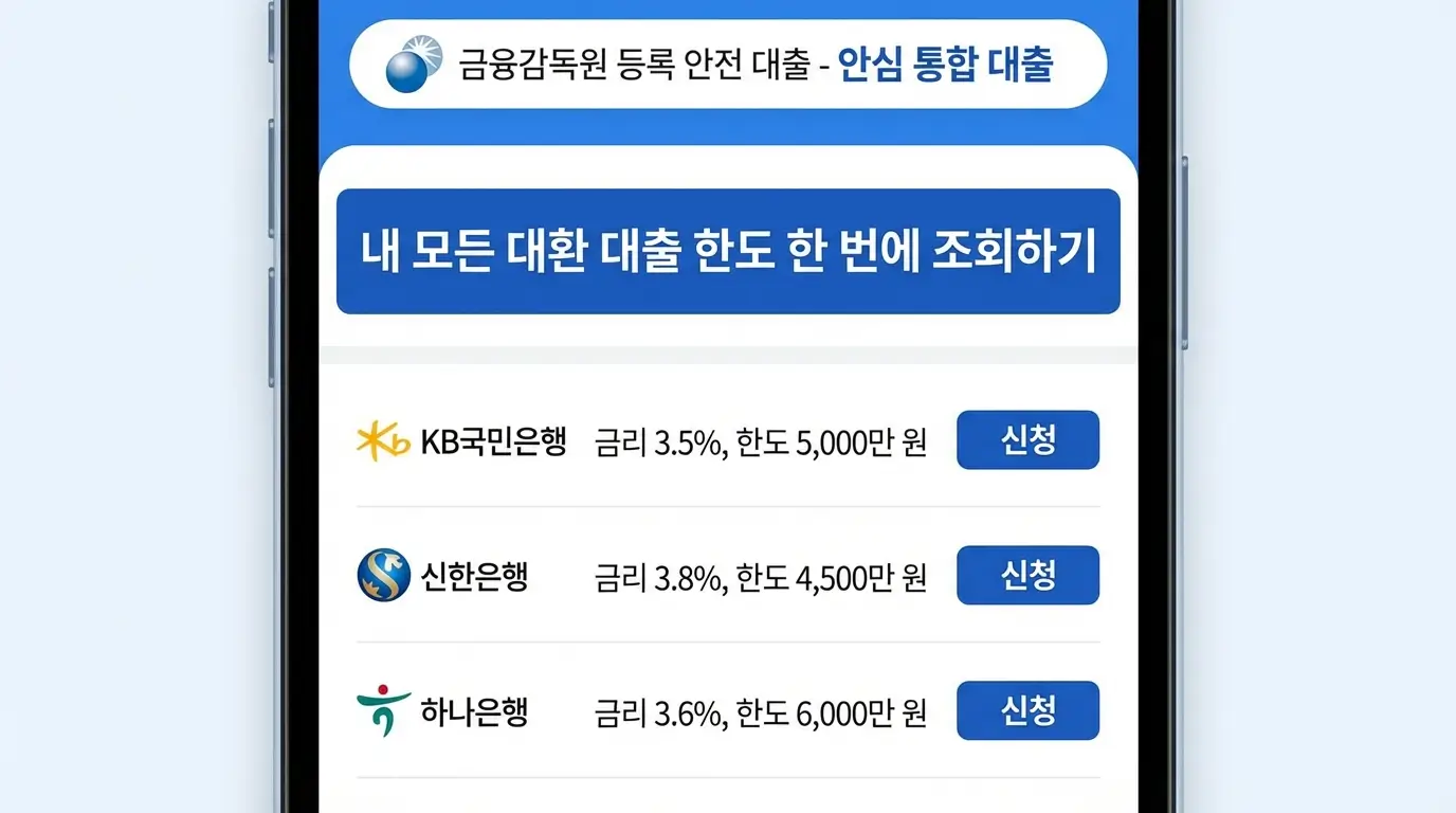 안전한 금융감독원 등록 대출 사이트를 통해 여러 은행의 대환 대출 한도를 한 번에 조회하고 신청하는 모바일 화면