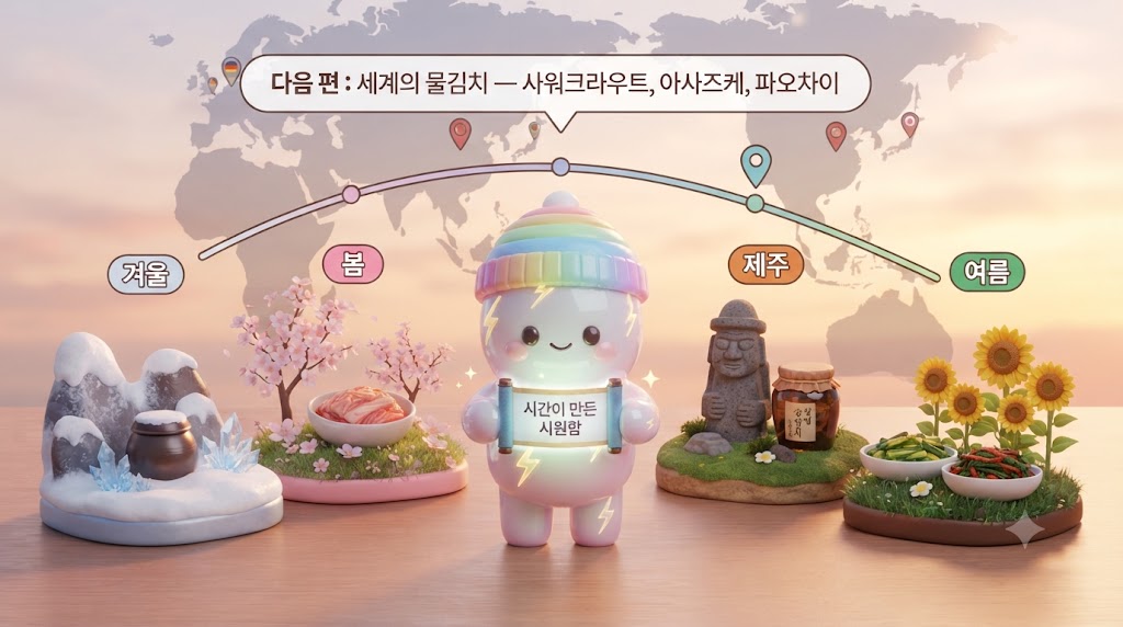 쫀쿠가 계절별 물김치를 소개하며 다음 세계 여행을 예고합니다. 눈 덮인 동치미 항아리(겨울), 벚꽃 핀 나박김치(봄), 돌하르방 옆 신건지(제주), 해바라기 밭 오이소박이&middot;열무물김치(여름)가 시간 순서대로 놓여 있습니다.