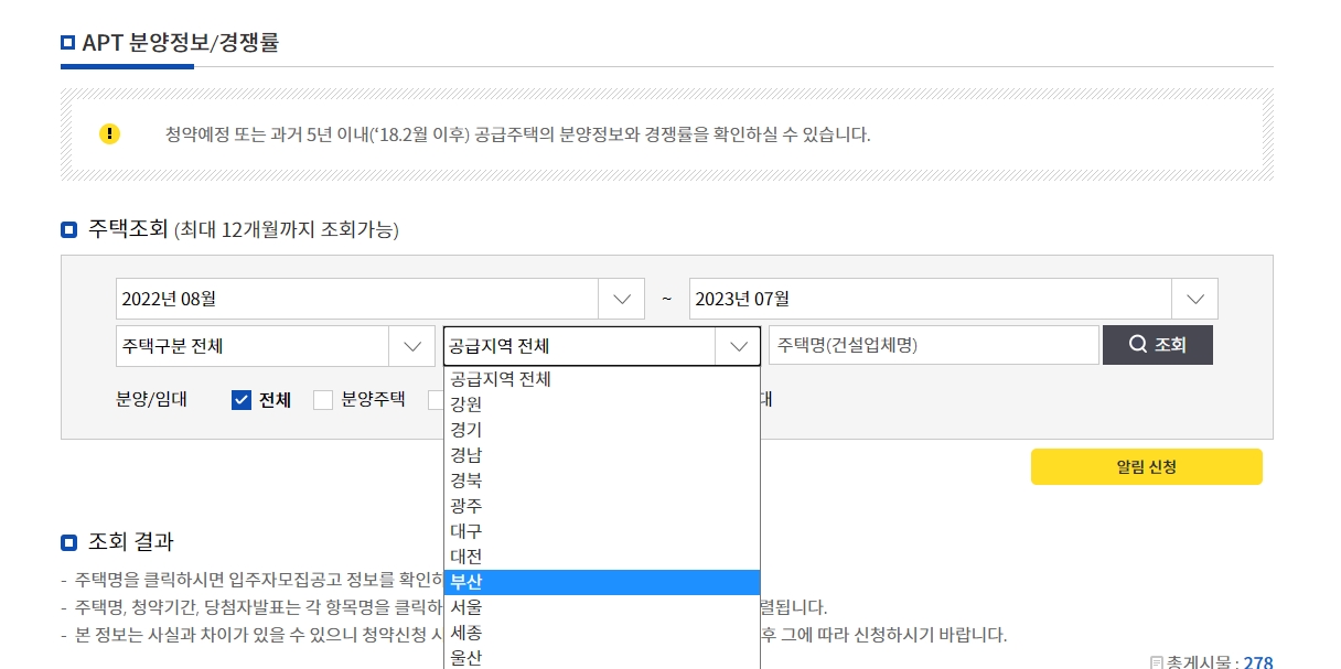 특정 지역으로 조건을 맞춰 검색된 단지들의 상세 일정 목록