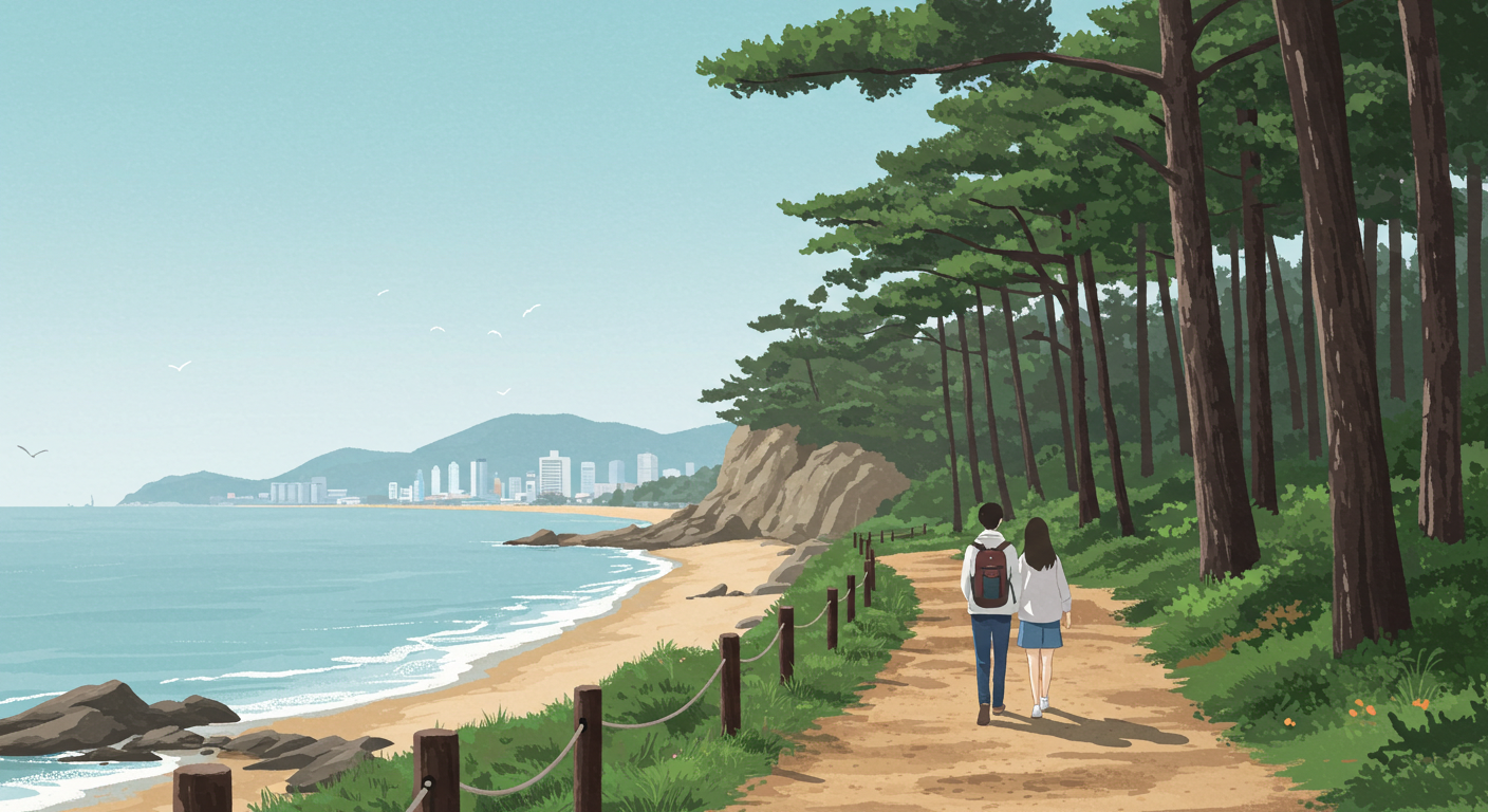 해운대 해변과 동백섬 소나무 숲 산책 장면