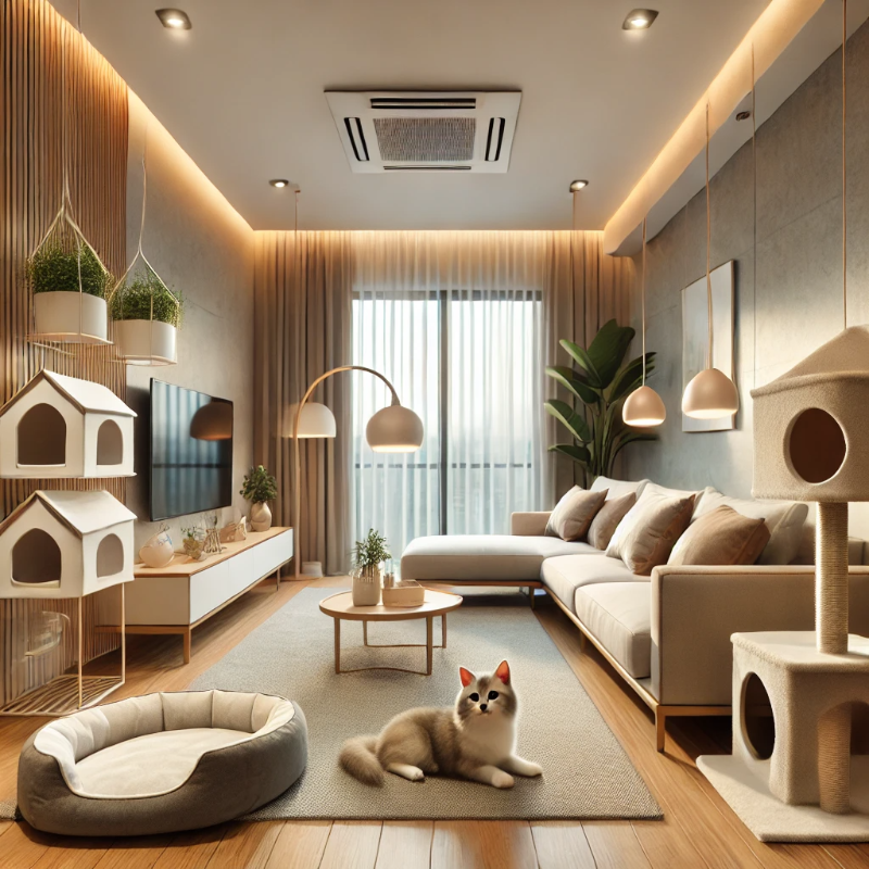 반려동물과 사람이 함께 생활하기 좋은 현대적인 아파트 인테리어. 거실에는 강아지를 위한 편안한 펫 베드와 고양이를 위한 세련된 캣타워가 배치되어 있으며 스크래치 방지 소파가 놓여 있음. 실내는 부드러운 조명과 반려동물에게 안전한 실내 식물로 장식되어 따뜻하고 조화로운 분위기를 연출함. 미끄럼 방지 바닥재가 사용되어 반려동물이 안전하게 생활할 수 있도록 설계됨.