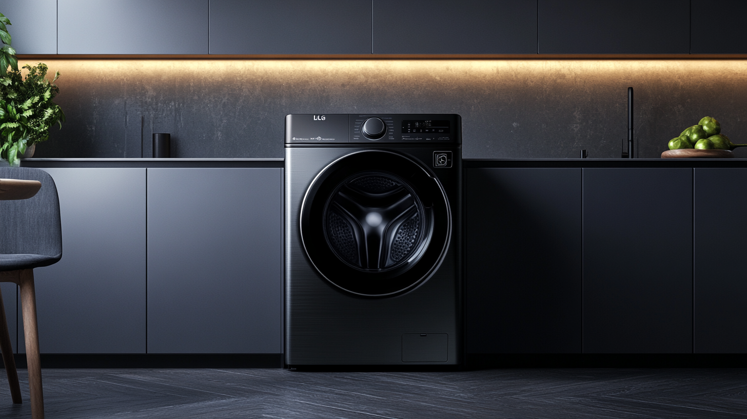 현대적인 주방 인테리어에 설치된 세련된 LG 오브제 세탁기. 미니멀리즘 디자인과 고급스러운 마감을 특징으로 하여, 부드러운 조명이 더해진 세탁기의 모습.