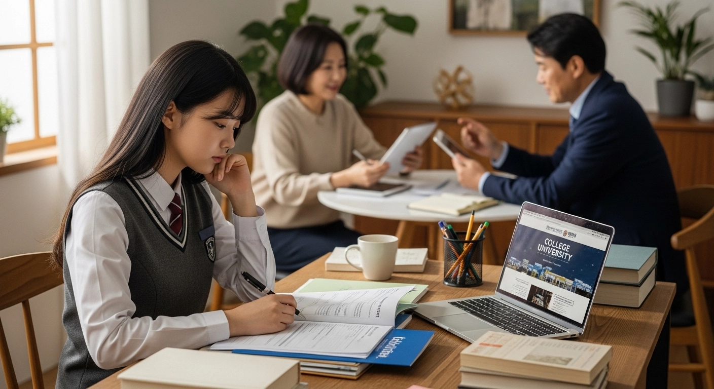 고등학생이 대학 수시 지원 자료를 보며 고민하고 있는 장면