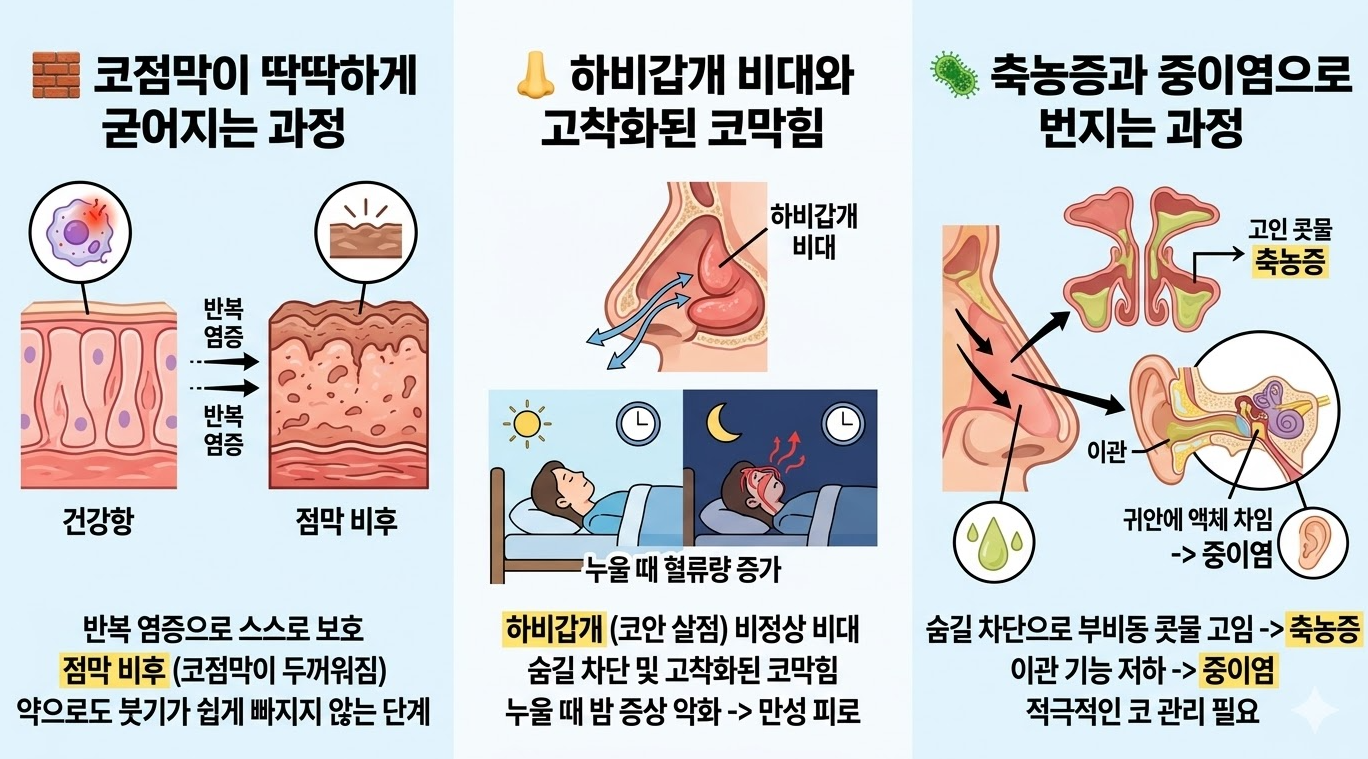 코점막 비후, 하비갑개 비대, 축농증과 중이염으로 진행되는 비염 합병 과정